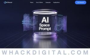 A futuristic digital interface displays AI Space Prompt in a glowing glass cylinder, with holographic graphs and a dark, grid-patterned floor. The top menu and Get Started button are visible. WHACKDIGITAL.COM is at the bottom.