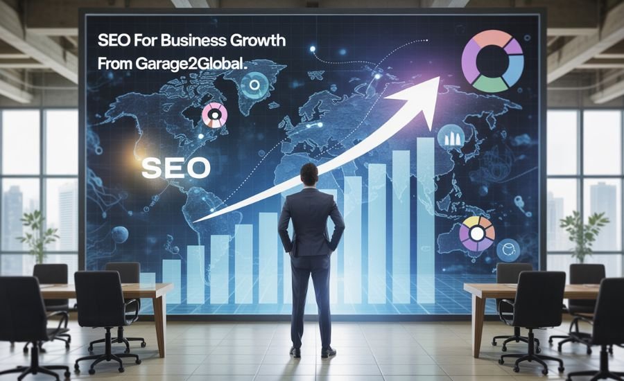 A man in a suit stands in front of a large screen displaying graphs, charts, a rising arrow, and the words SEO For Business Growth From Garage2Global and SEO in a modern office setting.