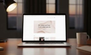 laptop screen with footer quote