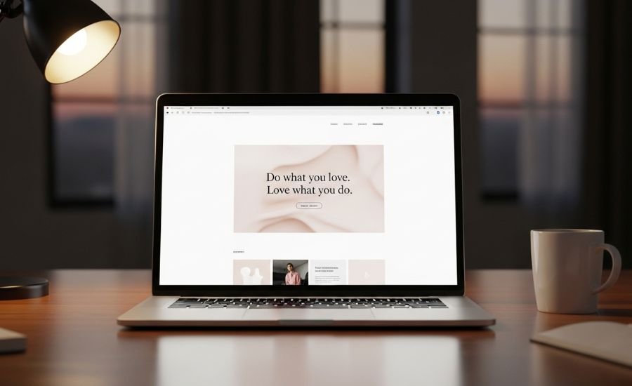 laptop screen with footer quote